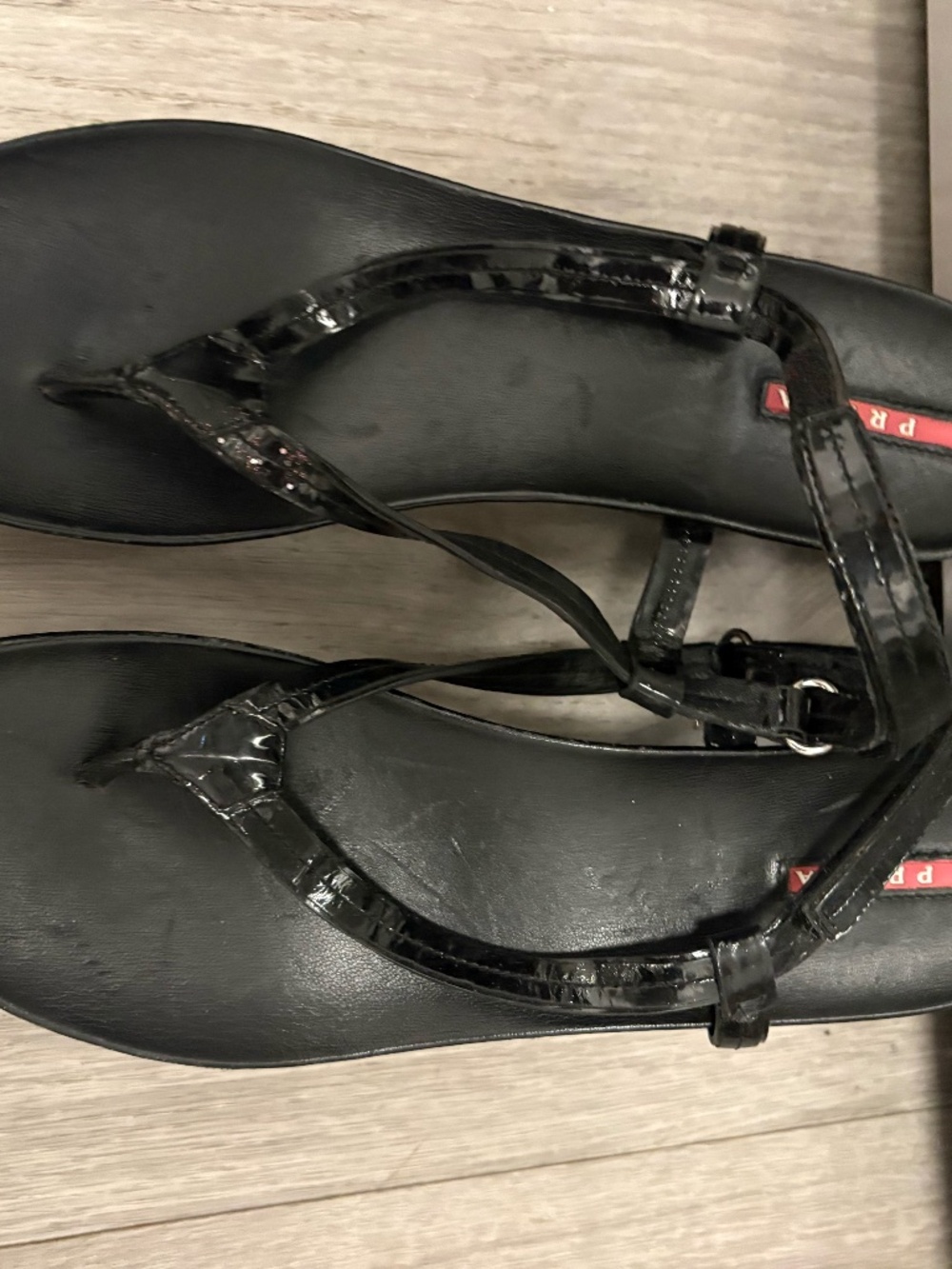Prada Black Patent Leather Wedge Sandals – Never Worn Size 11.5